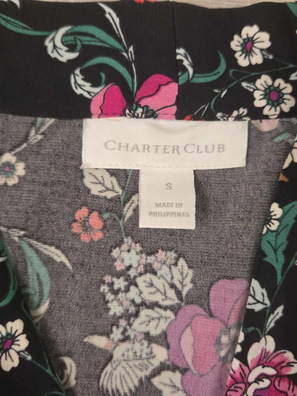 Charter Club Black Button-Down Blouse with Pink & Green Floral Print